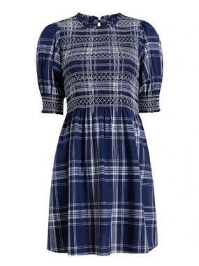 New Hill House Vivi 100% Cotton Plaid Mini Nap Dress Blue White XXS